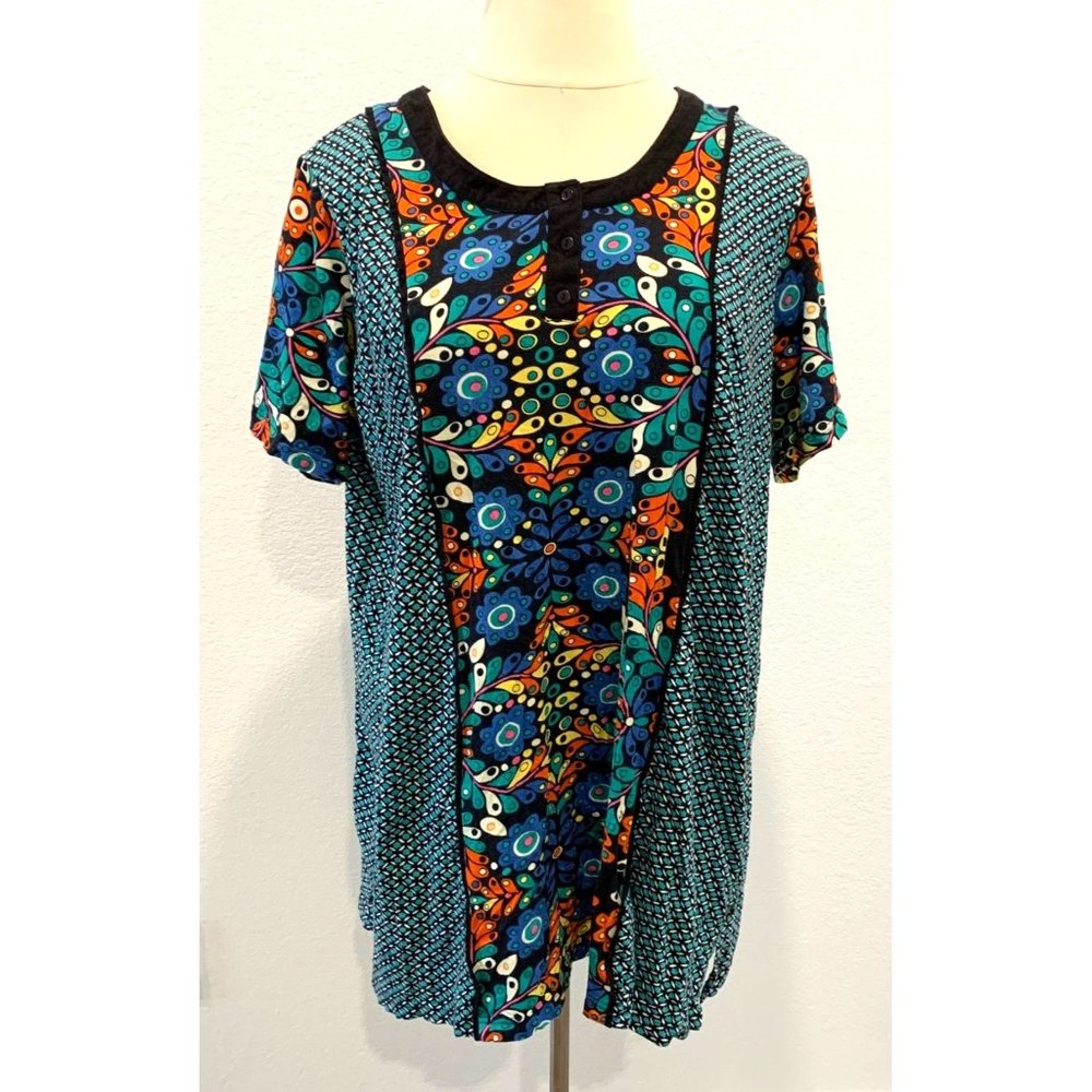 ULLA POCKEN Blue Orange Floral Mixed Print Henley Cotton Knit Tunic Dress 20/22 - Picture 2 of 12